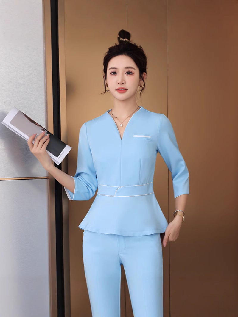 Health Center El Front Desk Work Clothes Female Skin Management Technician Black High Elastic Middle Sleeve Suit - Image 2